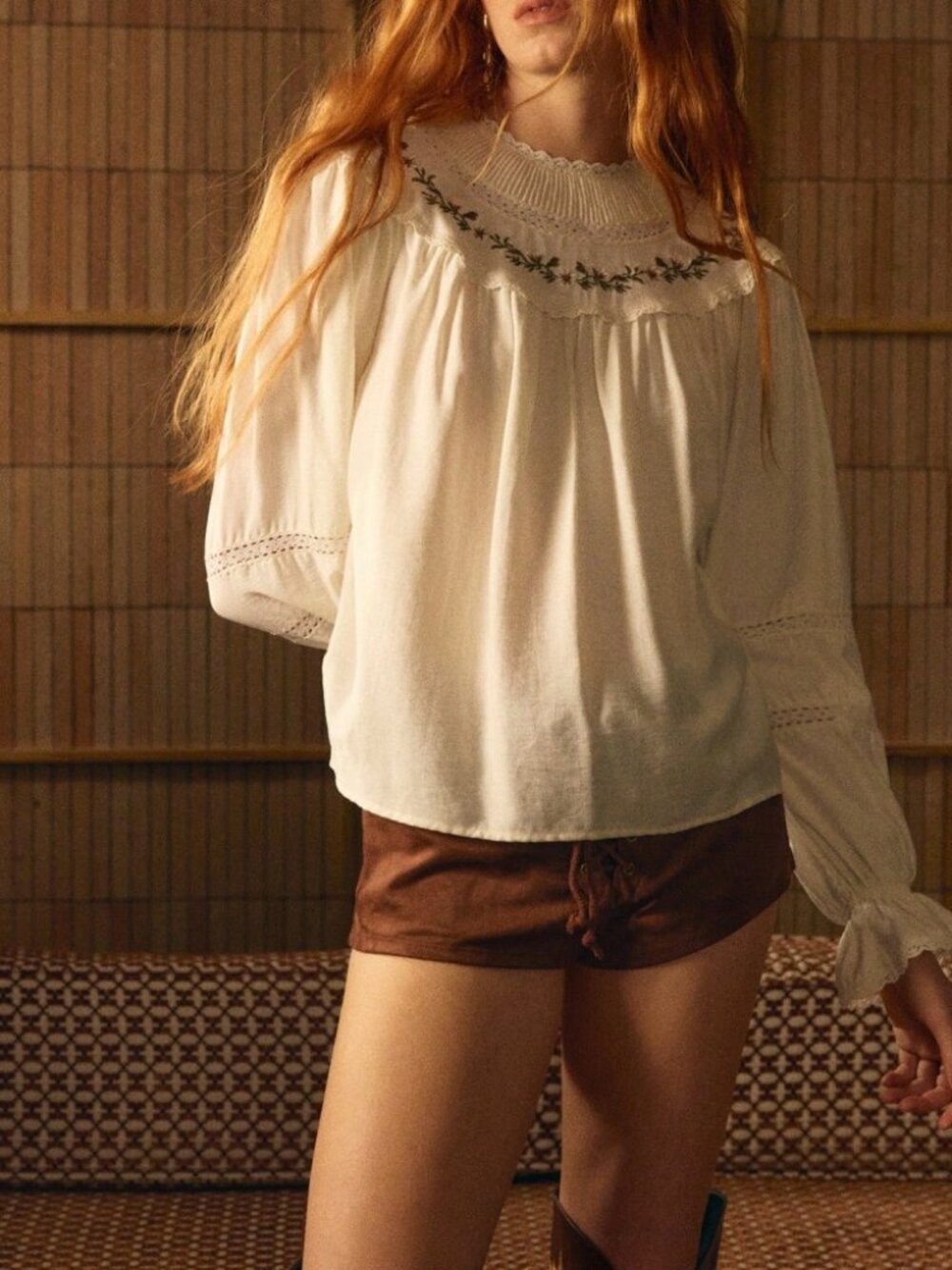 Cream Embroidered Yoke Peasant Blouse with Lace Trim